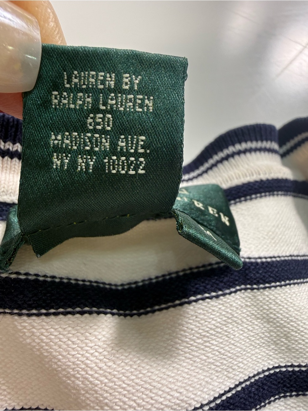 Lauren Ralph Lauren White Sweater with Navy Stripes V-Neck - Picture 7 of 9